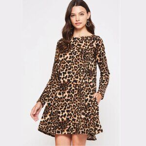 Bellamie Wild Side Long Sleeve Leopard Print A-Line Swing Pocket Knee Dress